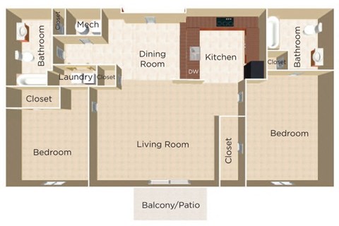 Floor plan for 2 beds, 2 baths, 919 sqft